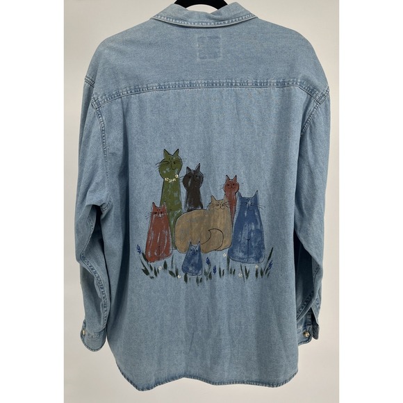 Vtg Women Denim Shirt XL Cats Kitties Handpainted Signed Grannycore  Artsy Boho - Picture 2 of 8